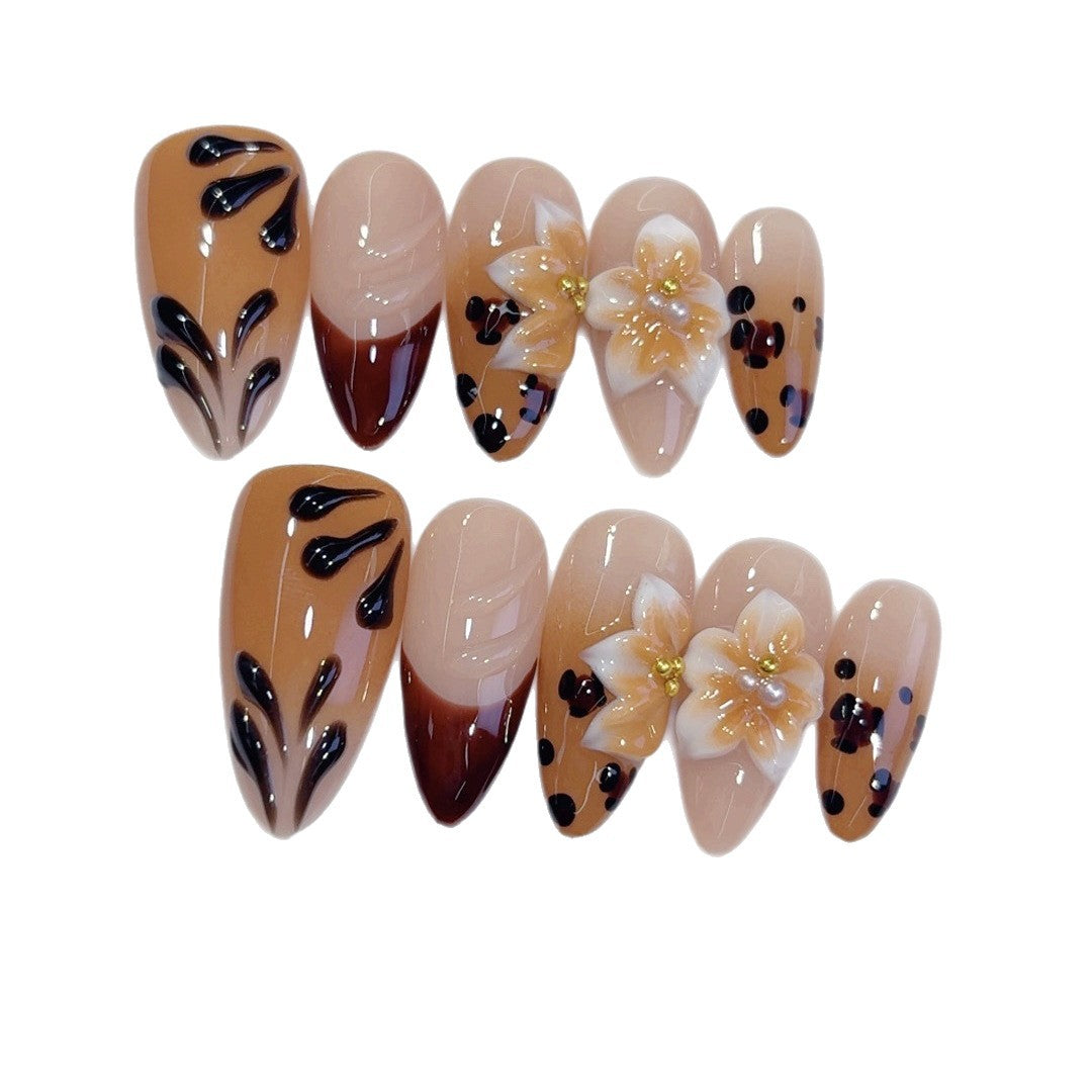 Amber Bloom Leopard & Flower Long Almond Handmade Press On Nails