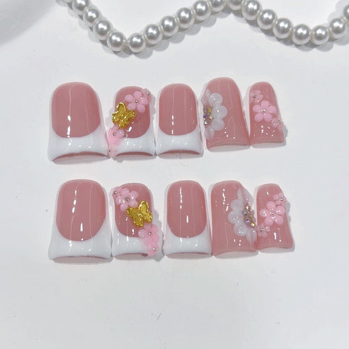 Blush Floral: "Pink Cherry French" – Short Square Handmade Press-Ons