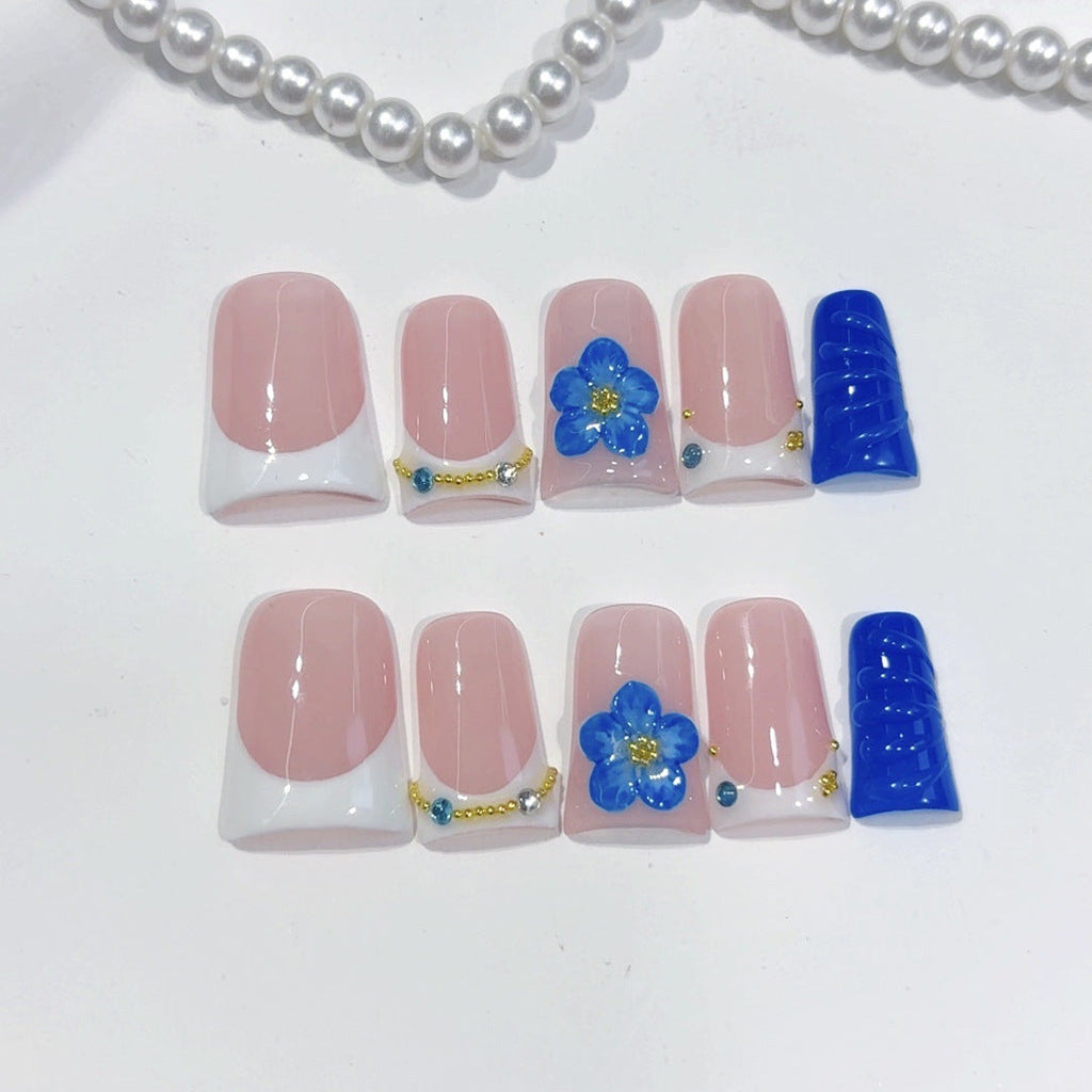 Coastal Bloom: "Cobalt Blue Flower" – Square Shape Handmade Press-On Nails
