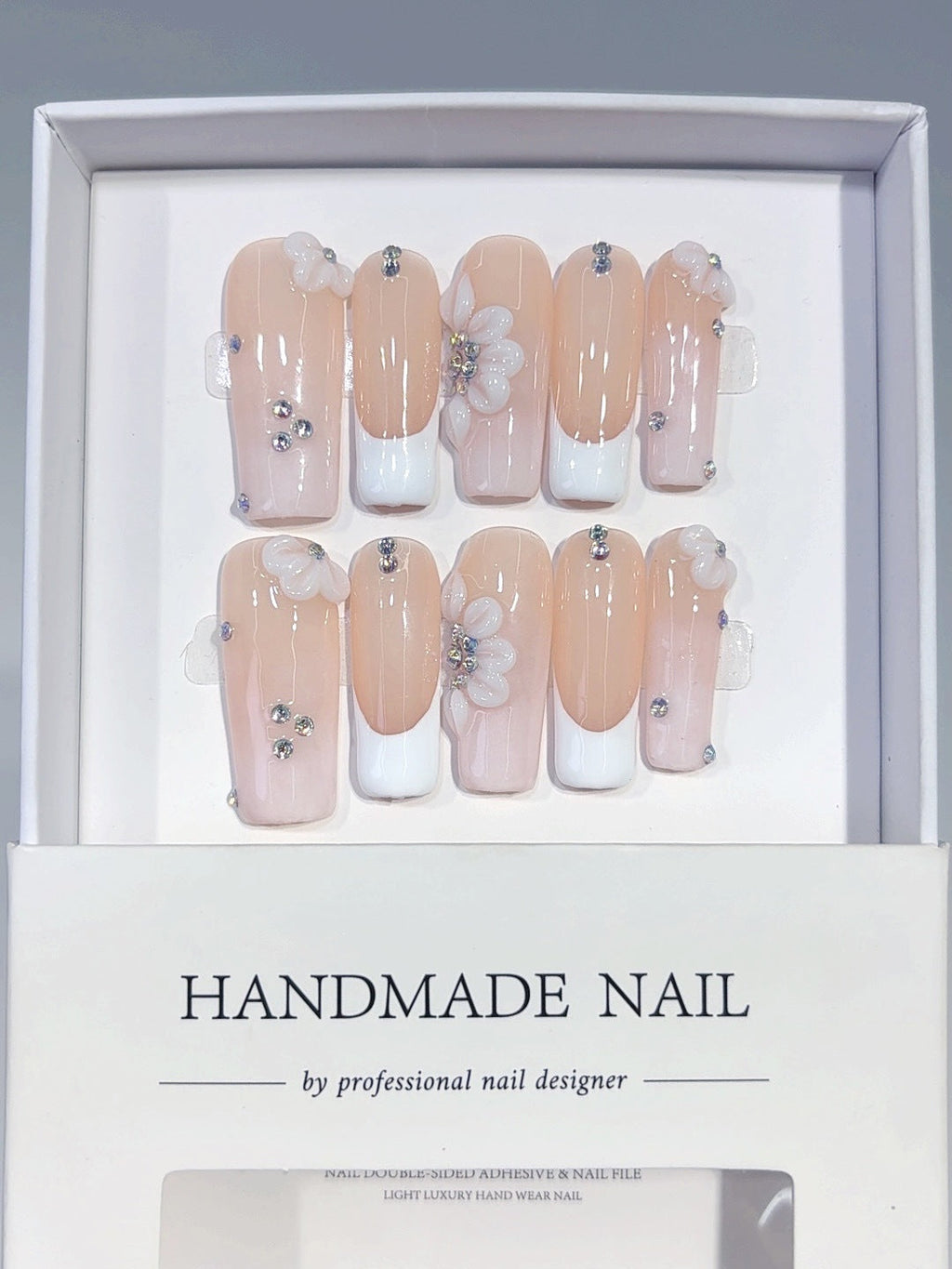 Bridal Glow: "Nude French Flower" – Square Shape Handmade Press-On Nails