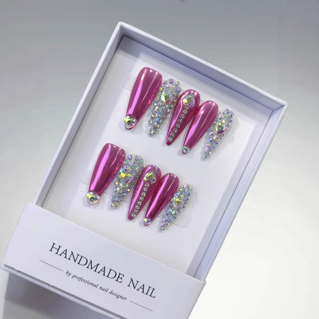 Barbie Glam: "Pink Heart Bling" – Long Stiletto Press-On Nails