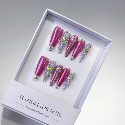 Barbie Glam: "Pink Heart Bling" – Long Stiletto Press-On Nails