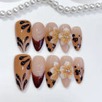 Amber Bloom Leopard & Flower Long Almond Handmade Press On Nails