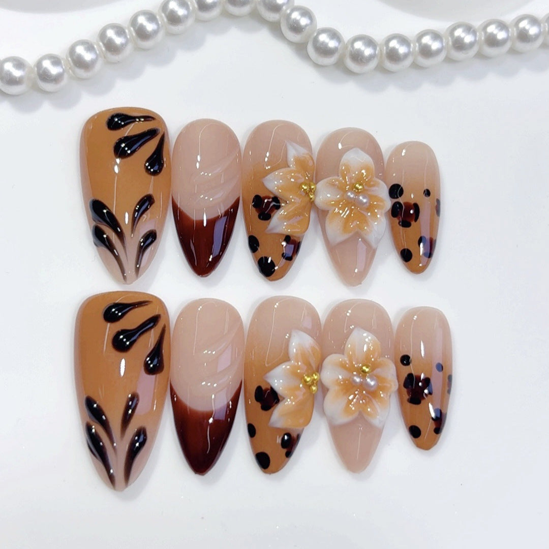 Amber Bloom Leopard & Flower Long Almond Handmade Press On Nails