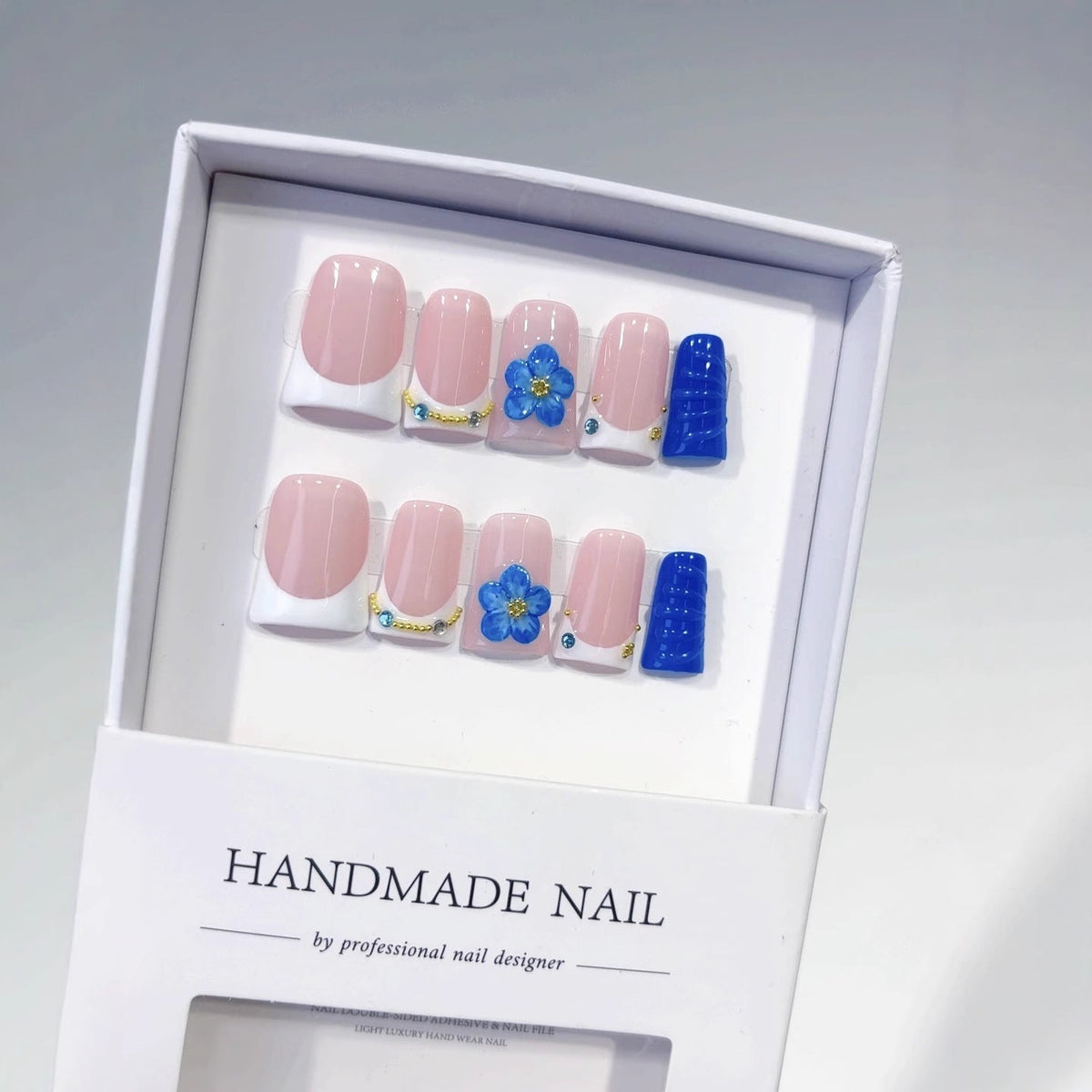 Coastal Bloom: "Cobalt Blue Flower" – Square Shape Handmade Press-On Nails