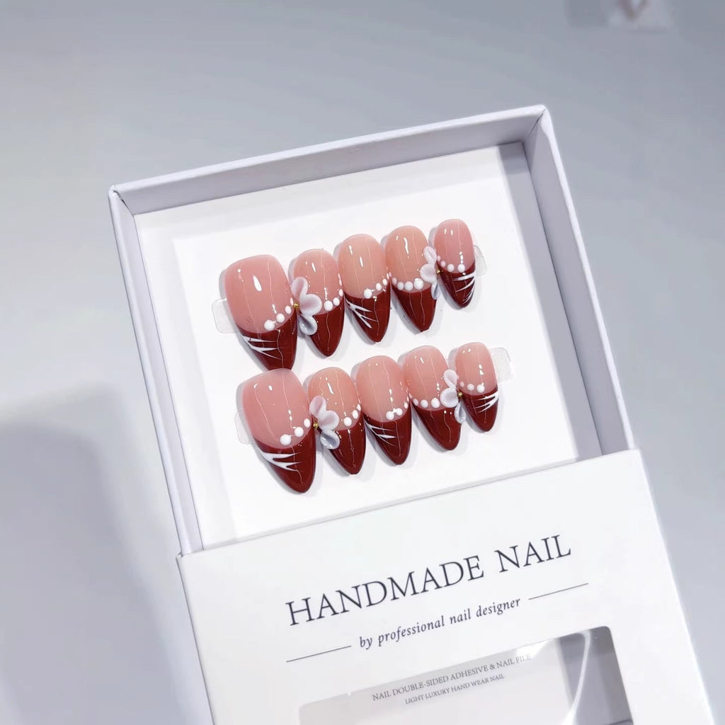 Crimson Whisper: "Burgundy Bloom" – Almond Shape Press-On Nails