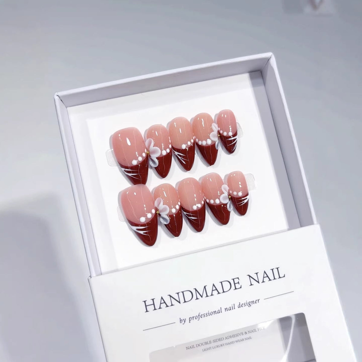 Crimson Whisper: "Burgundy Bloom" – Almond Shape Press-On Nails