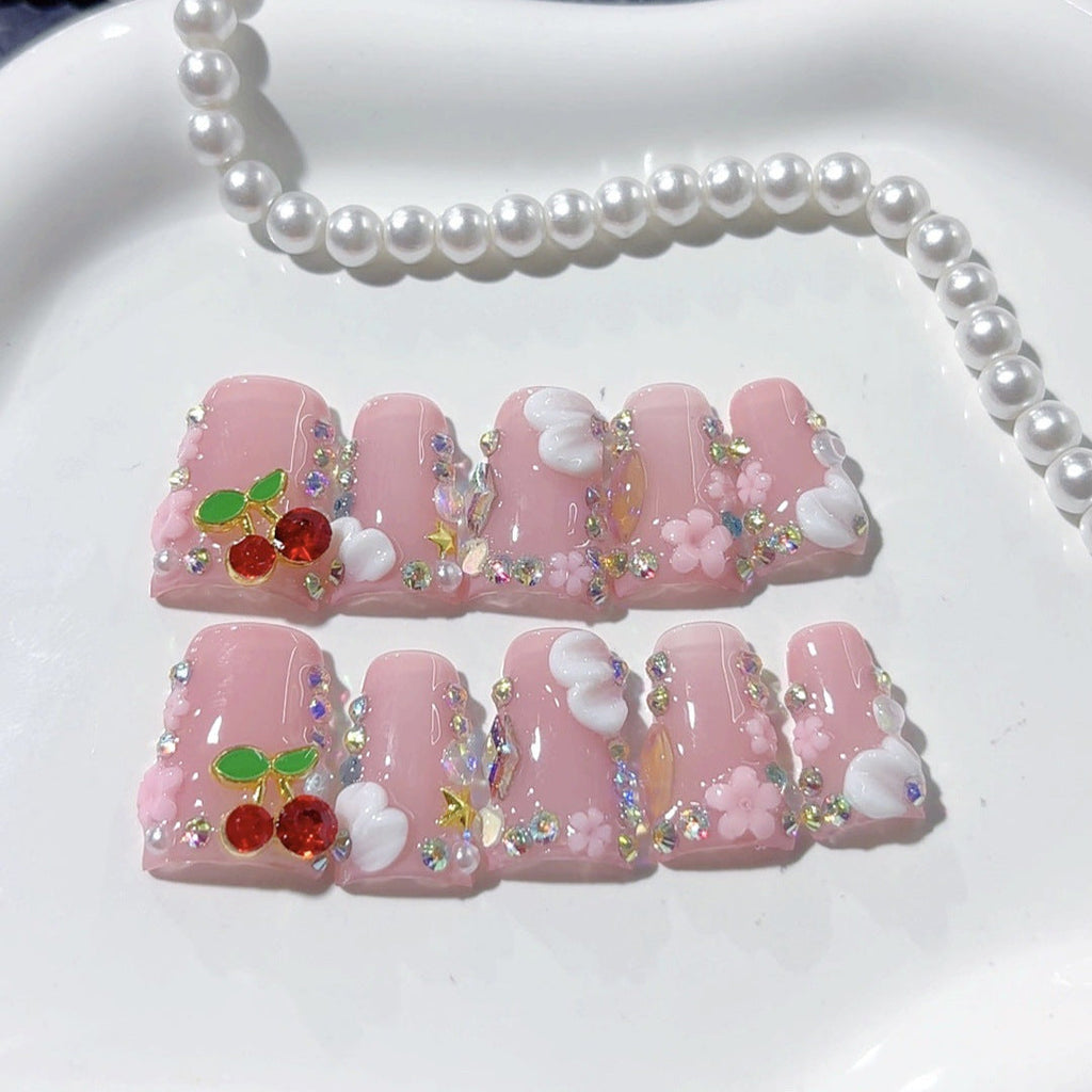 Cherry Sweet: "Sparkle Cherry Cloud" – Square Press-On Nails