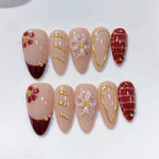 Cherry Blossom: "Crimson Sakura" – Almond Shape Press-On Nails