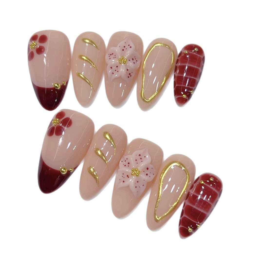 Cherry Blossom: "Crimson Sakura" – Almond Shape Press-On Nails