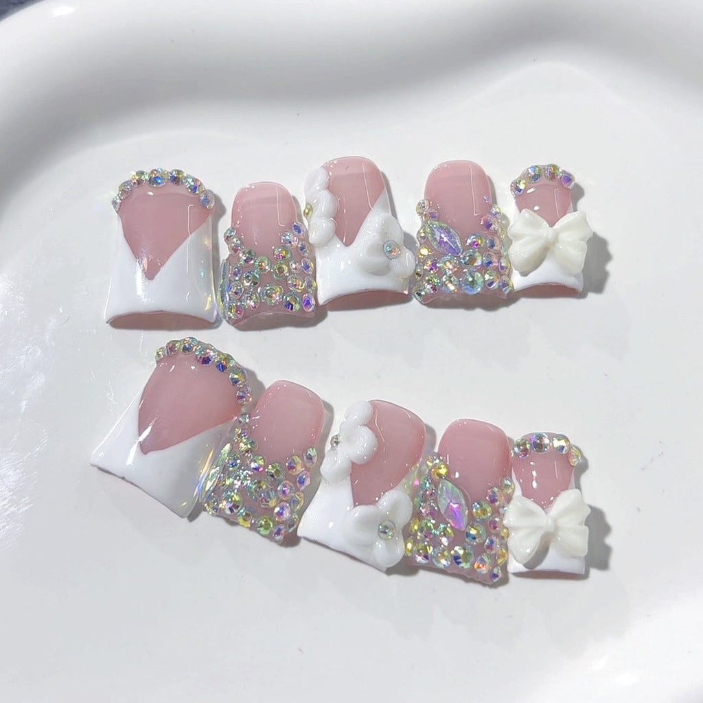 Bridal Elegance: "White Bow Crystal" – Short Square Handmade Press-Ons