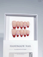 Cherry Blossom French: "Nude Red Flower" – Short Square Shape Handmade Press-On Nails