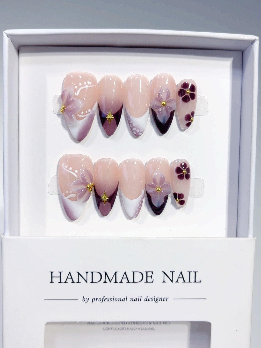 Purple Floral Almond Press-On Nails | Plum Blossom Gradient