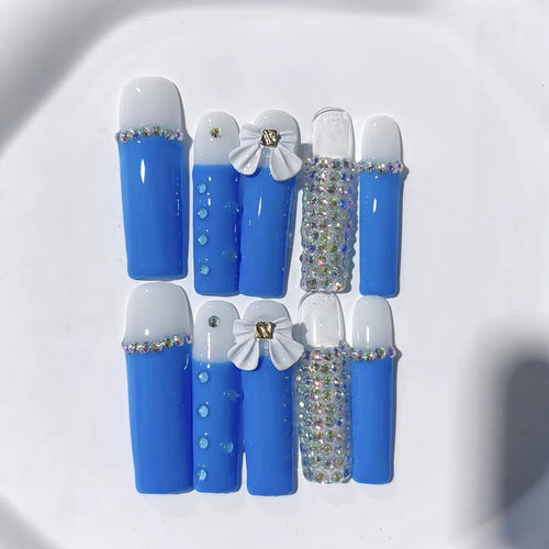 Azure Bow: "Ocean Bow" – Long Square Press-On Nails