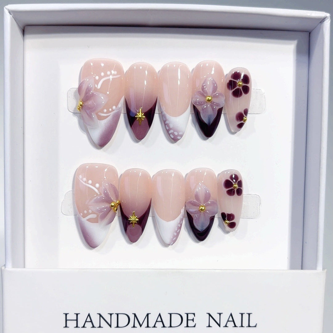 Purple Floral Almond Press-On Nails | Plum Blossom Gradient