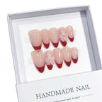 Cherry Blossom French: "Nude Red Flower" – Short Square Shape Handmade Press-On Nails