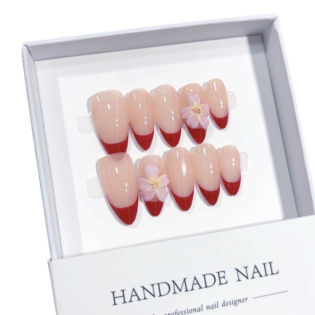 Cherry Blossom French: "Nude Red Flower" – Short Square Shape Handmade Press-On Nails