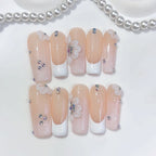 Bridal Glow: "Nude French Flower" – Square Shape Handmade Press-On Nails