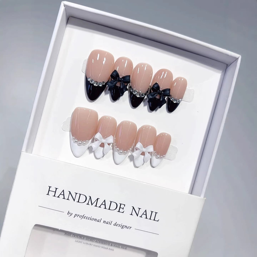 Classic Bow: "Black & White French" – Almond Press-On Nails