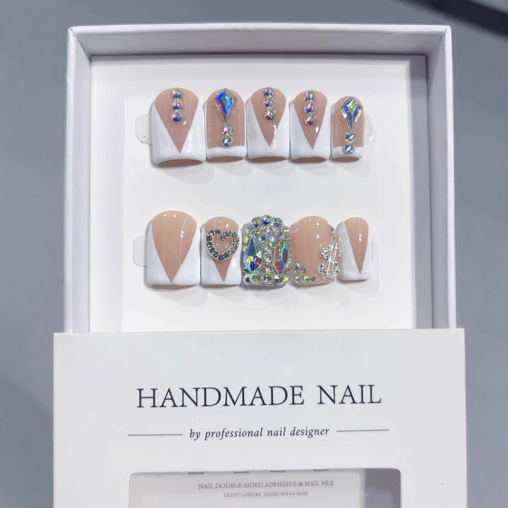 Diamond V-Luxe Short Square Nude V-French Rhinestone Press-On Nails