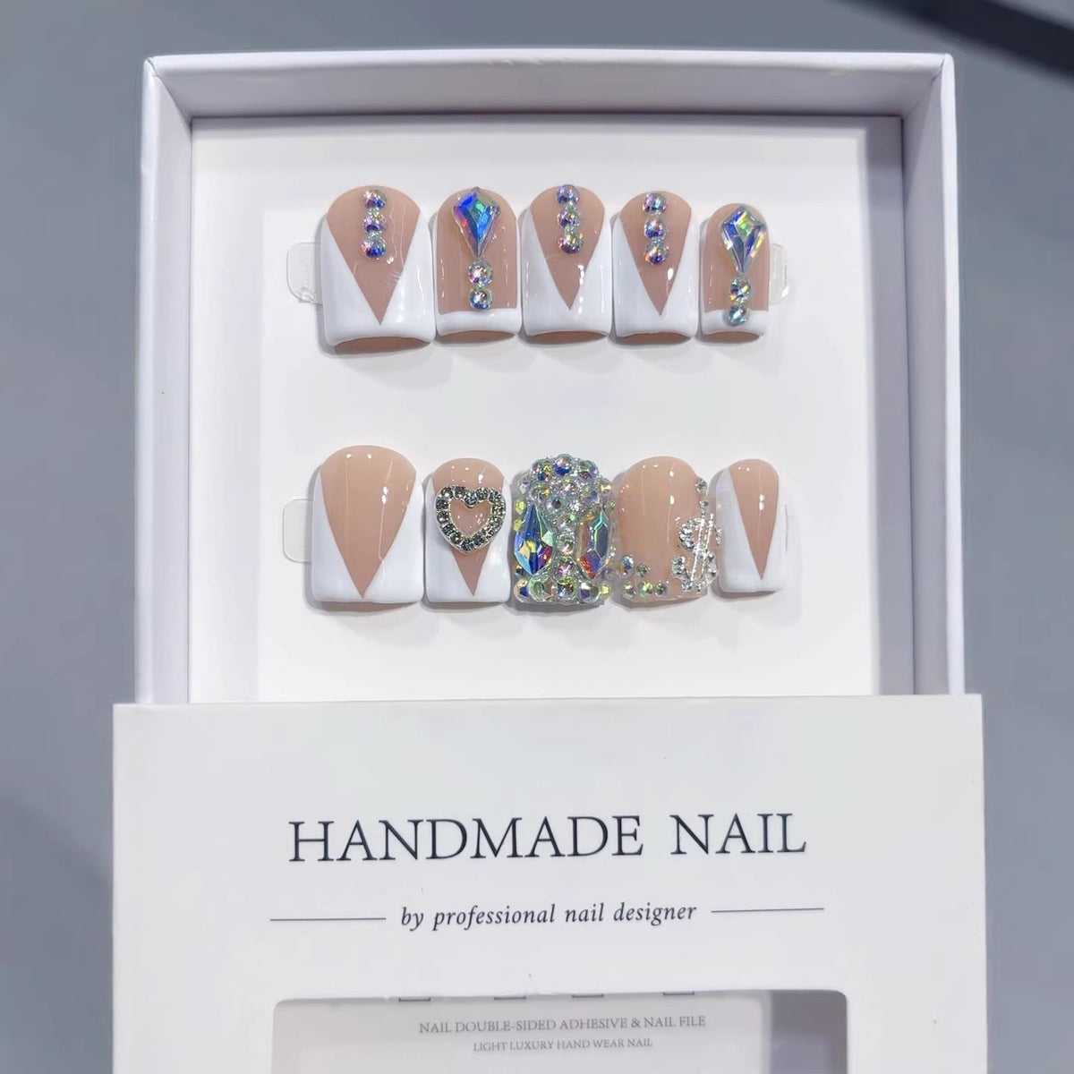Diamond V-Luxe Short Square Nude V-French Rhinestone Press-On Nails