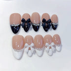 Classic Bow: "Black & White French" – Almond Press-On Nails