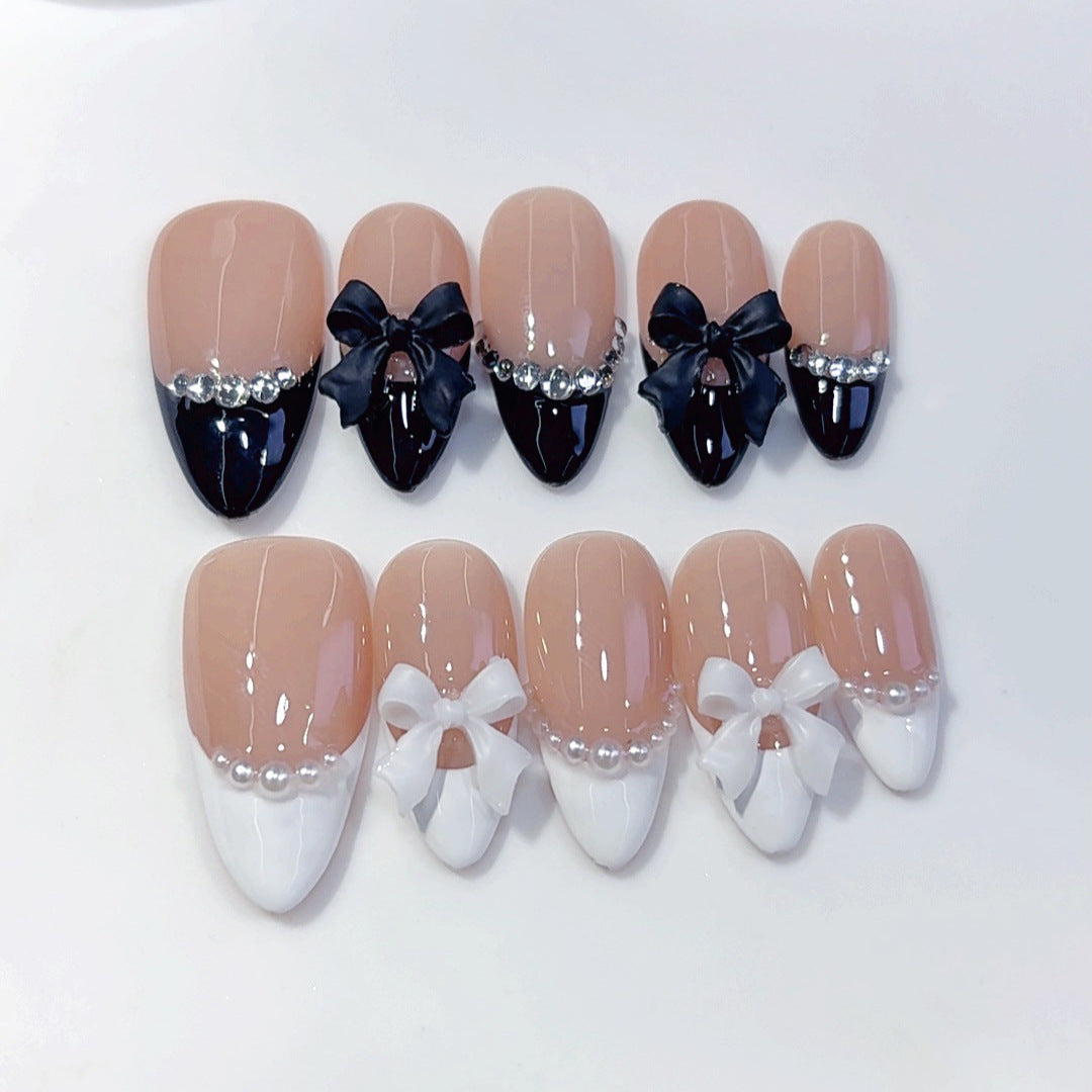 Classic Bow: "Black & White French" – Almond Press-On Nails