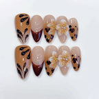 Amber Bloom Leopard & Flower Long Almond Handmade Press On Nails
