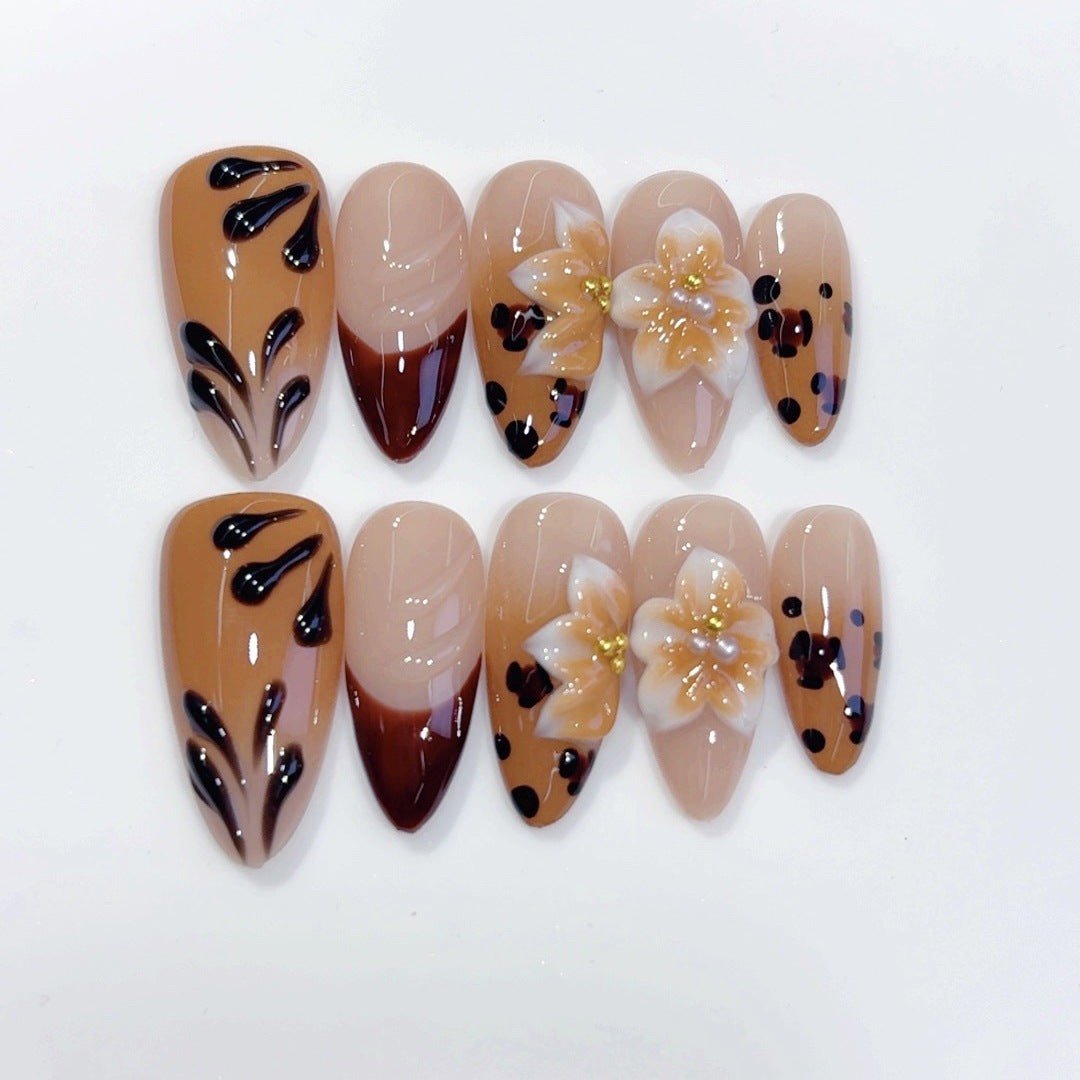 Amber Bloom Leopard & Flower Long Almond Handmade Press On Nails