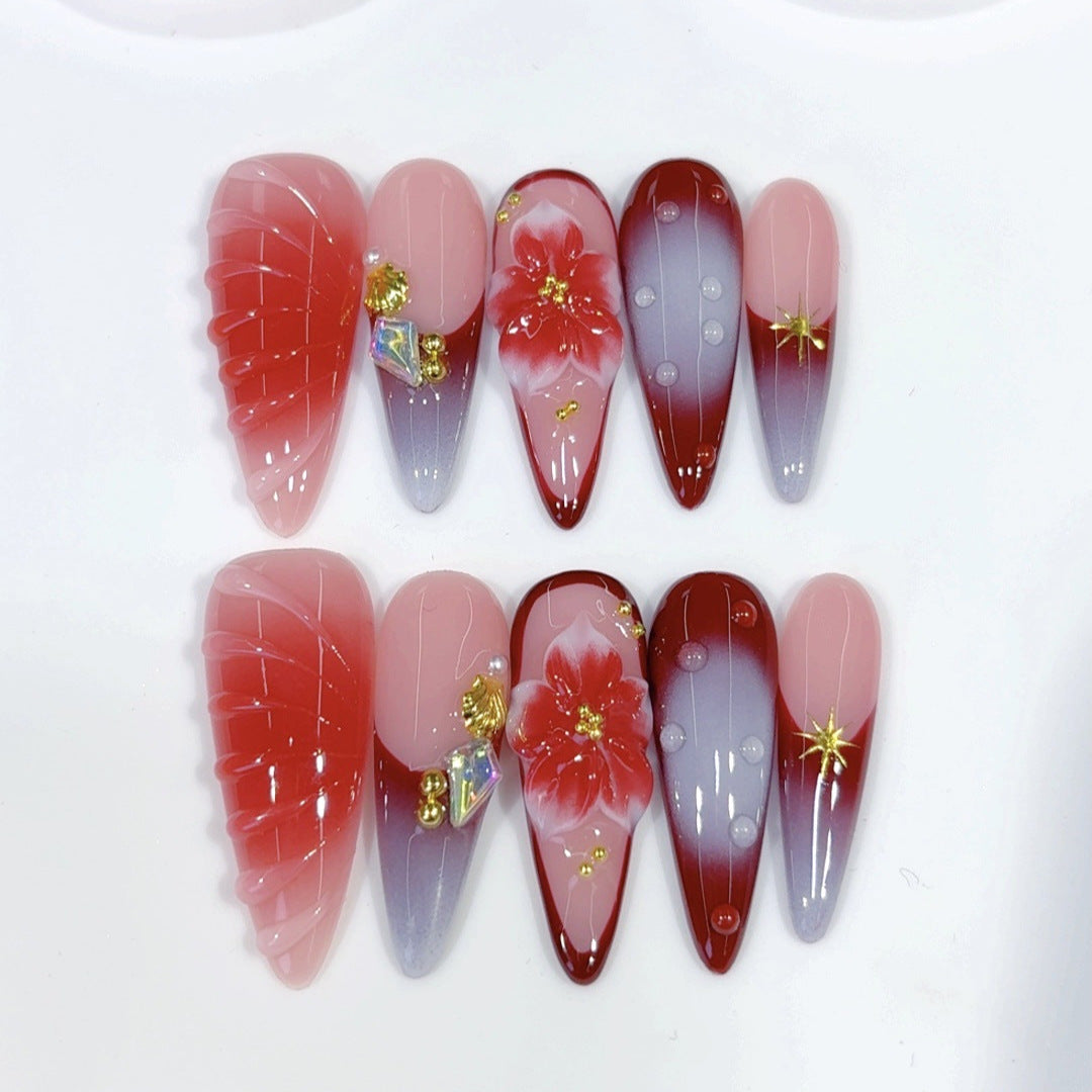 Crimson Bloom: "Red Petal" – Long Almond Handmade Press On Nails