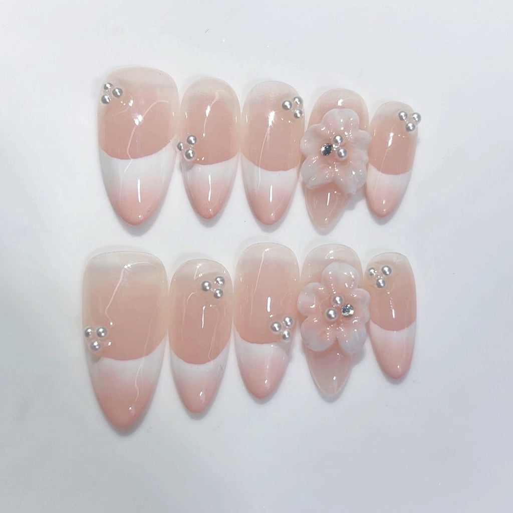 Bridal Bloom: "Pearl Flower French" – Almond Press-On Nails