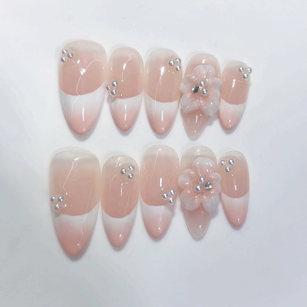 Bridal Bloom: "Pearl Flower French" – Almond Press-On Nails