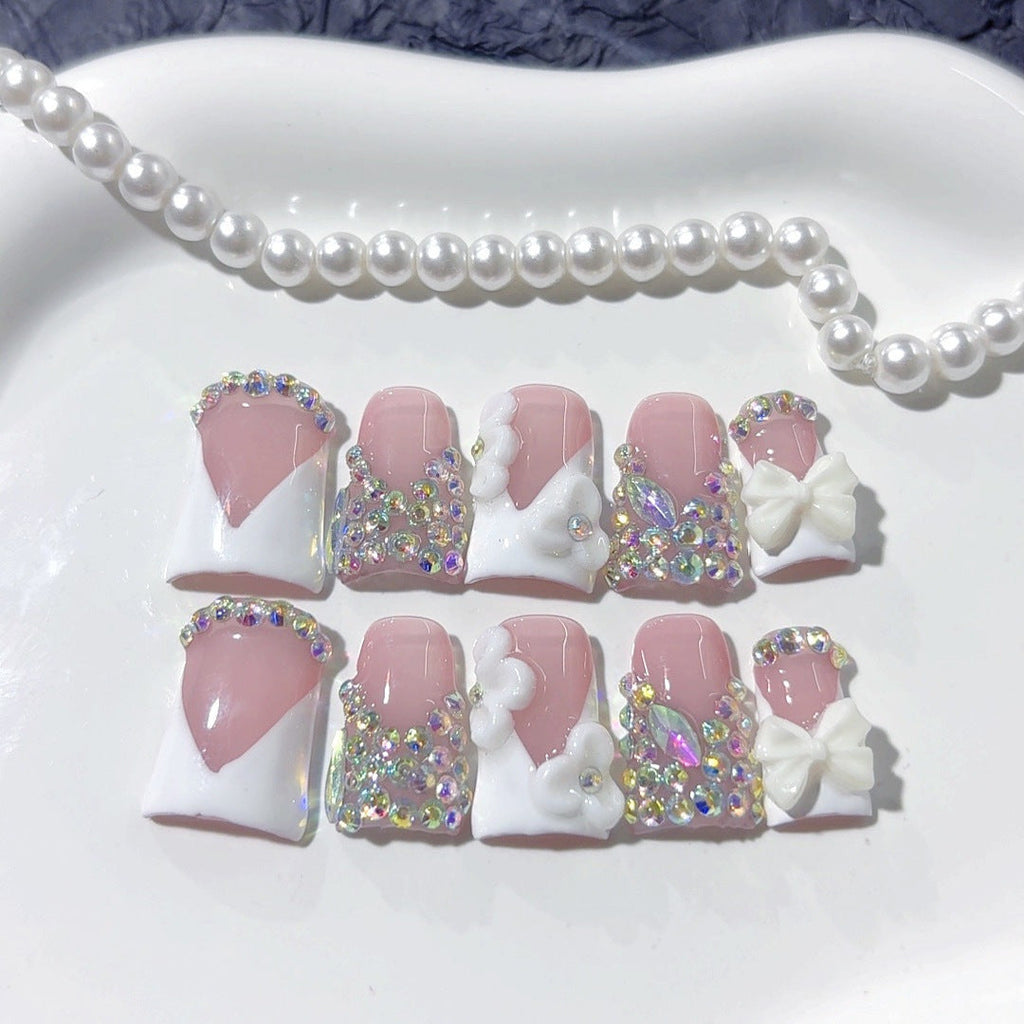 Bridal Elegance: "White Bow Crystal" – Short Square Handmade Press-Ons