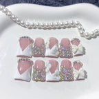 Bridal Elegance: "White Bow Crystal" – Short Square Handmade Press-Ons