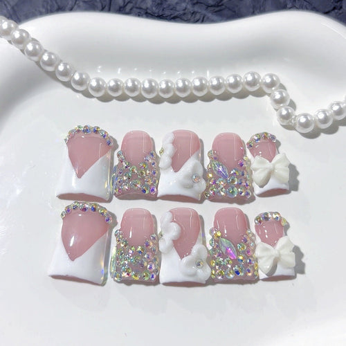 Bridal Elegance: "White Bow Crystal" – Short Square Handmade Press-Ons