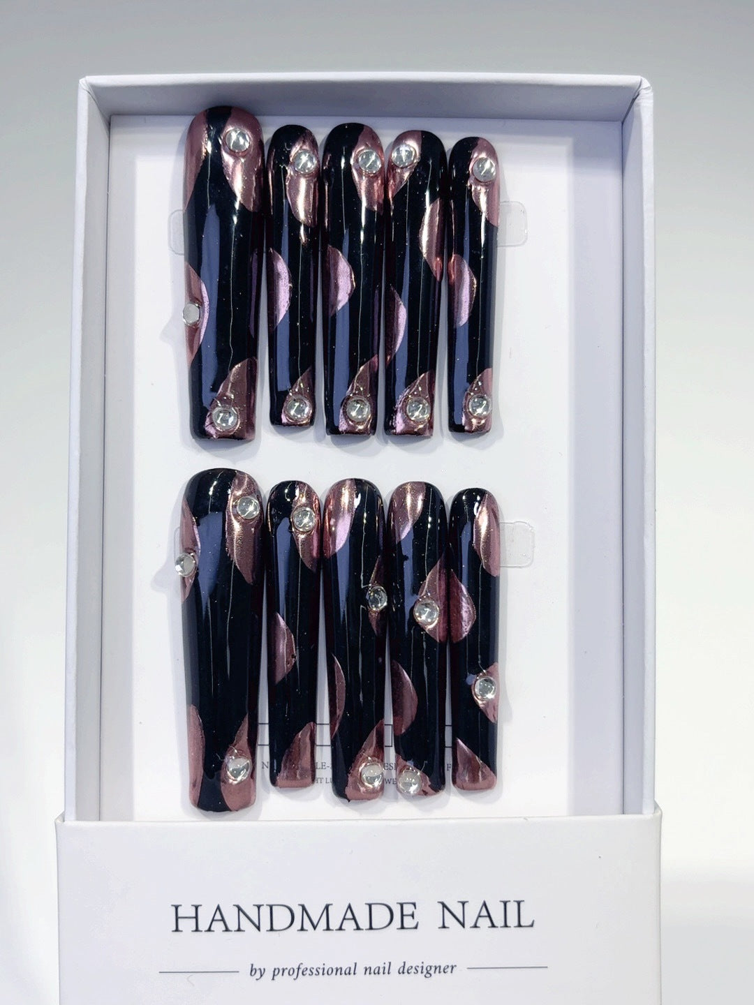 Midnight Rose Glam Extra Long Square Black Pink Rhinestone Press-On Nails