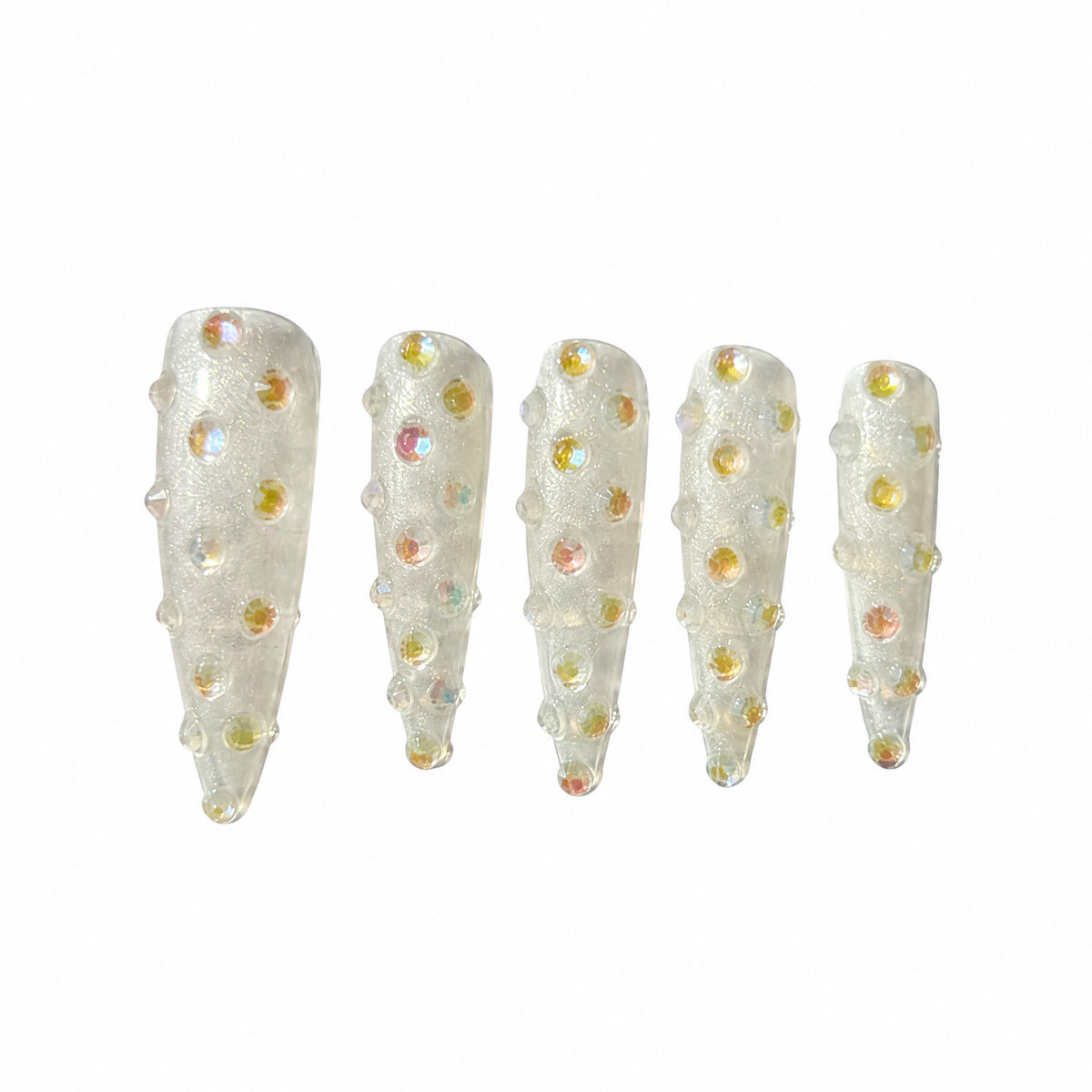 Champagne Jelly Studded Press On Nails – Iridescent Cream Stiletto