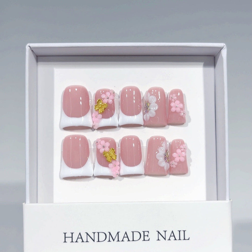Blush Floral: "Pink Cherry French" – Short Square Handmade Press-Ons