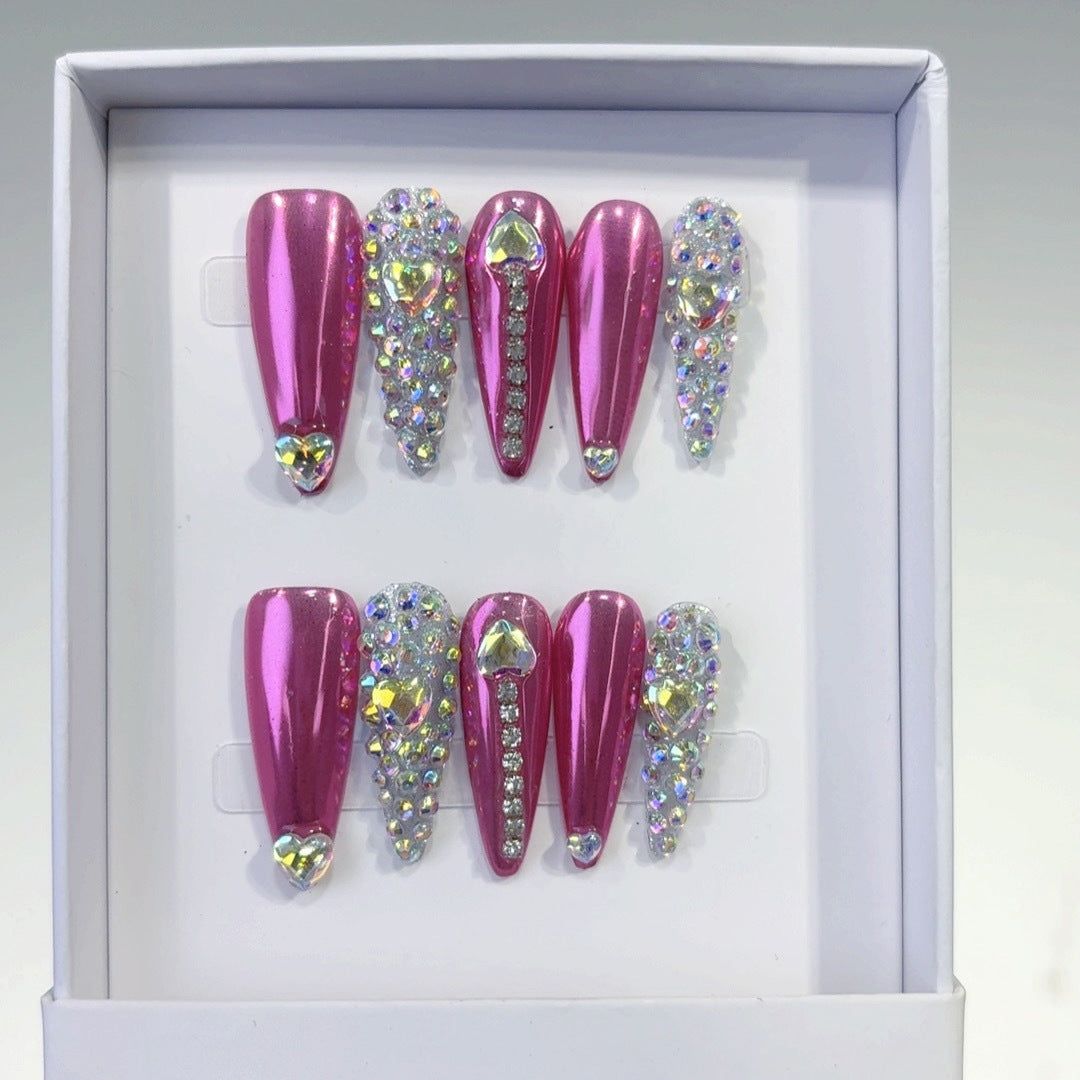 Barbie Glam: "Pink Heart Bling" – Long Stiletto Press-On Nails