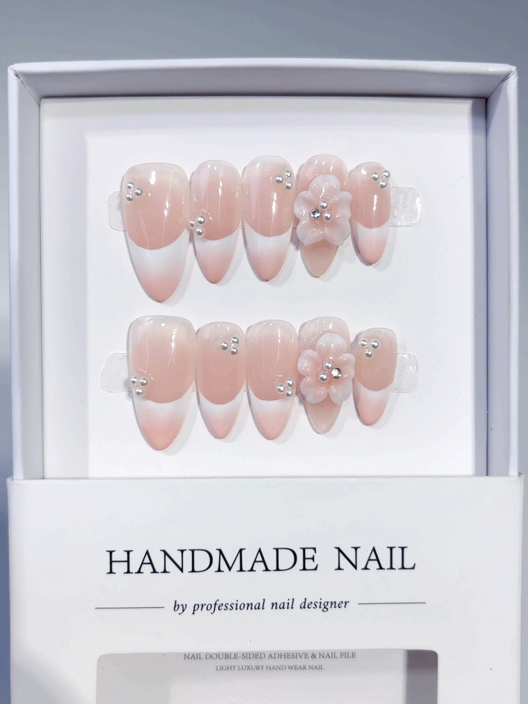Bridal Bloom: "Pearl Flower French" – Almond Press-On Nails