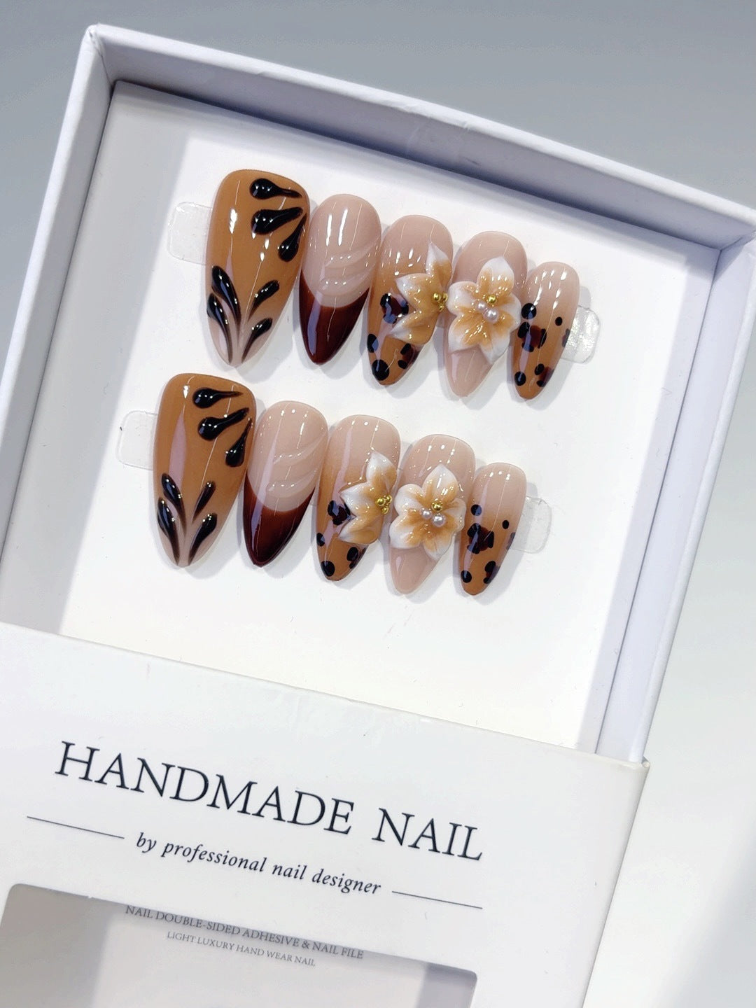 Amber Bloom Leopard & Flower Long Almond Handmade Press On Nails