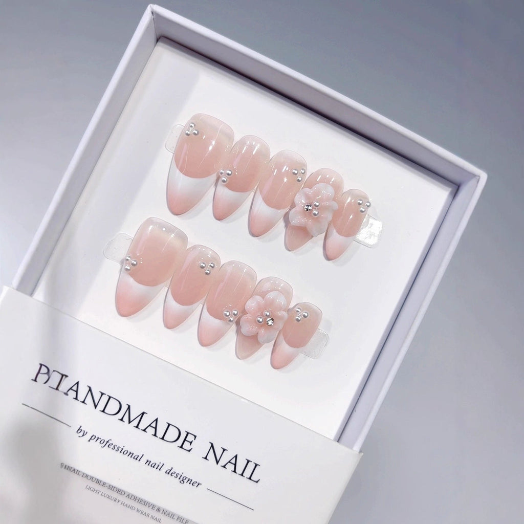 Bridal Bloom: "Pearl Flower French" – Almond Press-On Nails