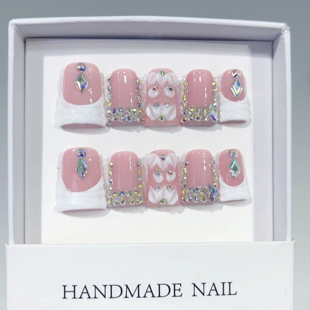 Blush Crystal: "Pink Diamond Dream" – Short Square Handmade Press-Ons