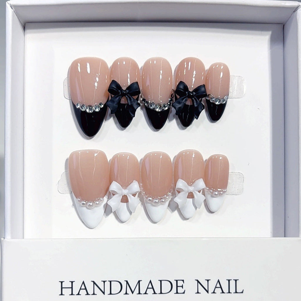 Classic Bow: "Black & White French" – Almond Press-On Nails