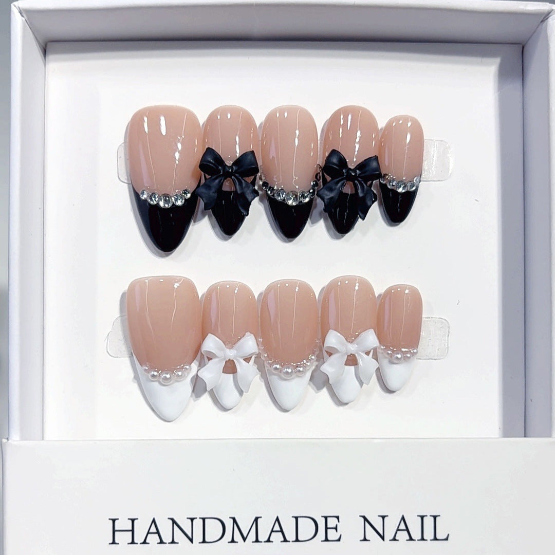 Classic Bow: "Black & White French" – Almond Press-On Nails