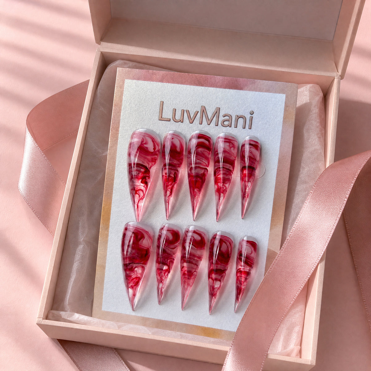 Cranberry Swirl Dragon Claw Stiletto Clear Jelly Red Marble Press-On Nails