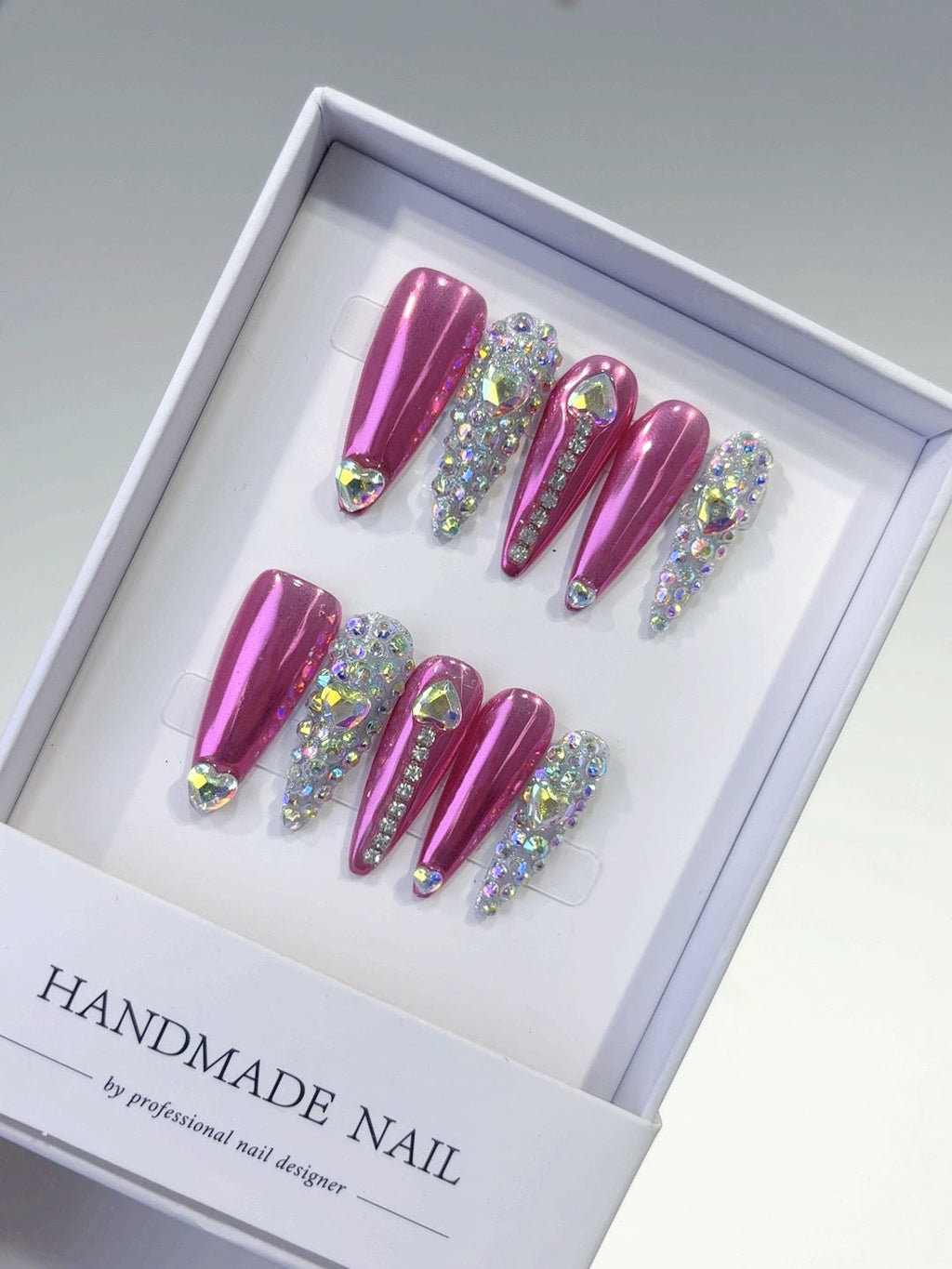 Barbie Glam: "Pink Heart Bling" – Long Stiletto Press-On Nails