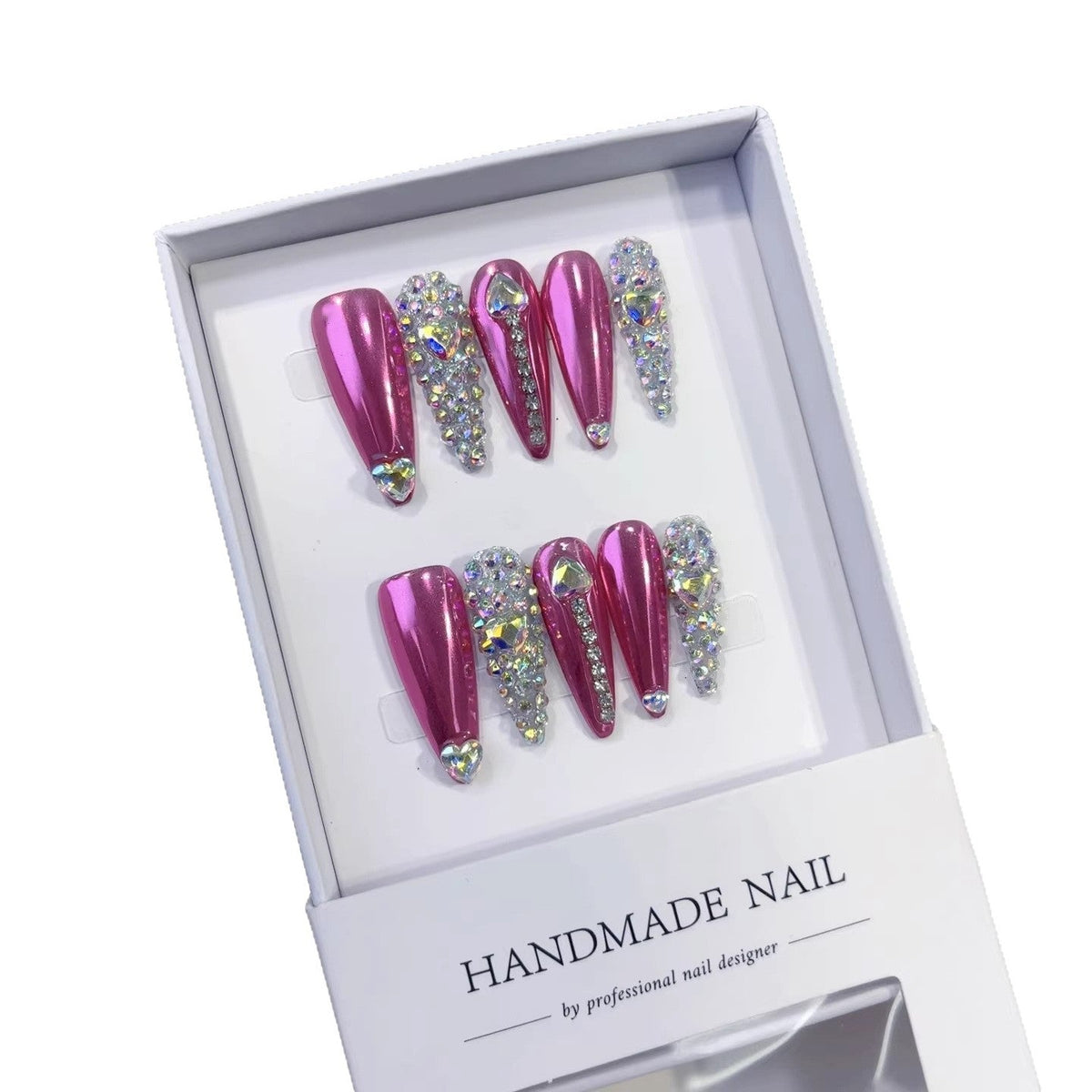 Barbie Glam: "Pink Heart Bling" – Long Stiletto Press-On Nails