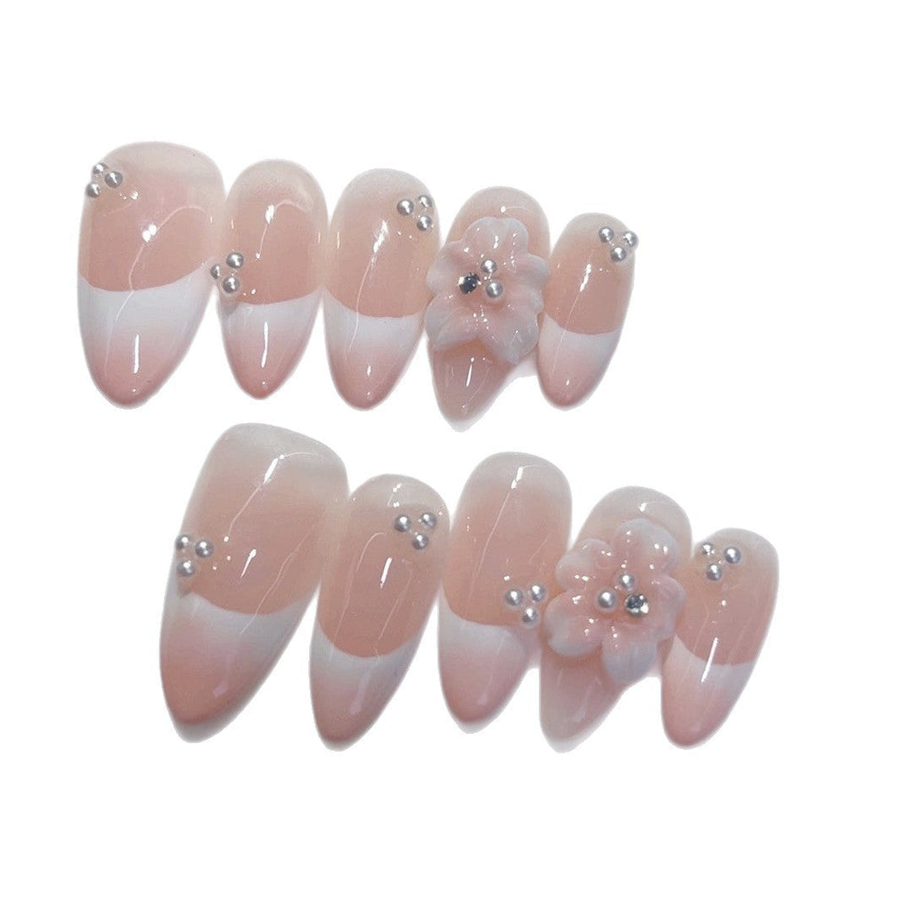 Bridal Bloom: "Pearl Flower French" – Almond Press-On Nails