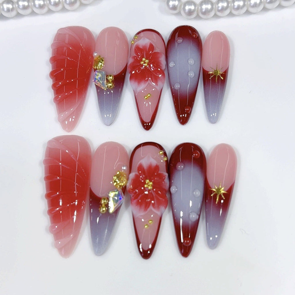Crimson Bloom: "Red Petal" – Long Almond Handmade Press On Nails